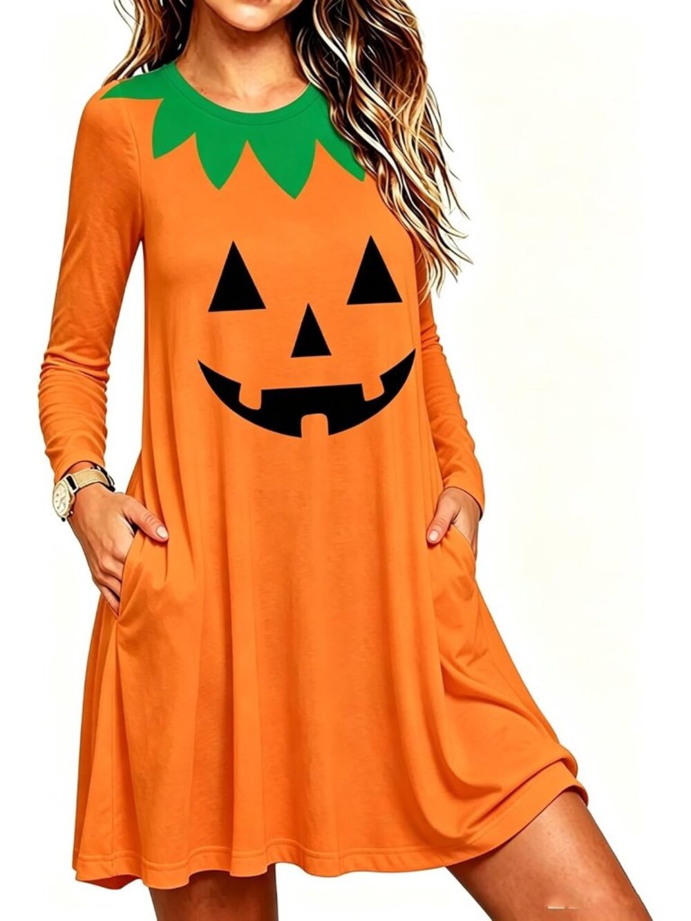 🎃Women's Orange Black Halloween A-line Long Sleeve Pocketed Holiday Dresses